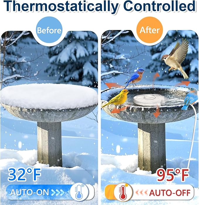 Bird Bath Heater for Outdoors in Winter, 100W Birdbath Water Heater Submersible for Winter Full-Covered Aluminum, Heated Bird Bath Deicer Thermostatic Control for Yard Patio Small Pond(White)