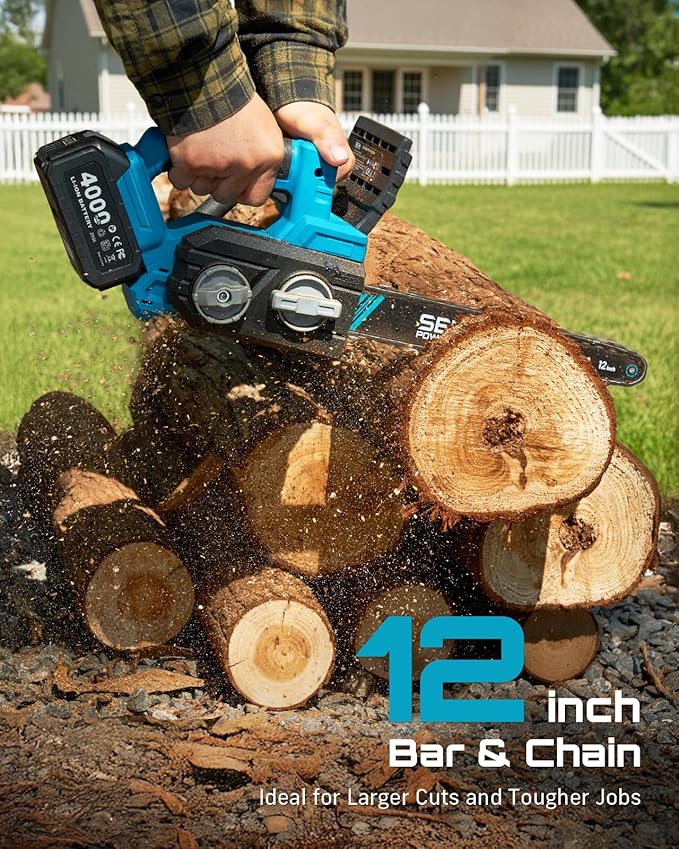 SEESII Electric Chainsaw Cordless 12-inch: Brushless Battery Powered Chainsaw, Includes 2 x 4.0Ah Batteries, Auto-Tension and Oiling Chain Saw for Dad Husband Father Day Gifts, Tree Cutting Trimming