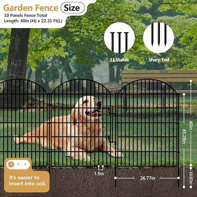 10 Panels Decorative Garden Fence with Lock, 40in (H) X 22.31ft (L) No Dig Dog Fences Outdoor for Yard, Rustproof Tall Animal Barrier Fencing, Metal Panels Suitable for Yards Border, Patio Use