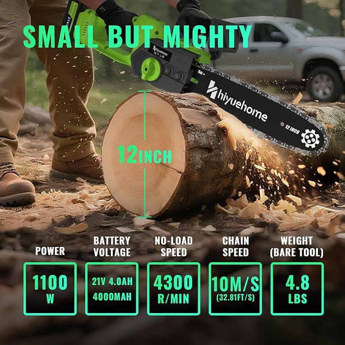 Mini Chainsaw 12inch, Chainsaw Cordless w Automatic Oiler, Handheld Electric Power Chain Saw w Security Lock, Brushless Motor,Chainsaws for Wood/Trees Trimming (Green - 1 battery, 12 INch)