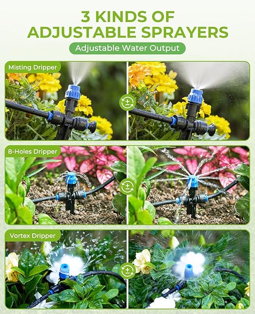 HIRALIY 210FT Drip Irrigation System, Quick Connector Garden Watering Automatic Sprinkler Kit for Lawn Raised Bed Greenhouse Misting System with 3 Kinds Dripper, Adjustable Nozzle