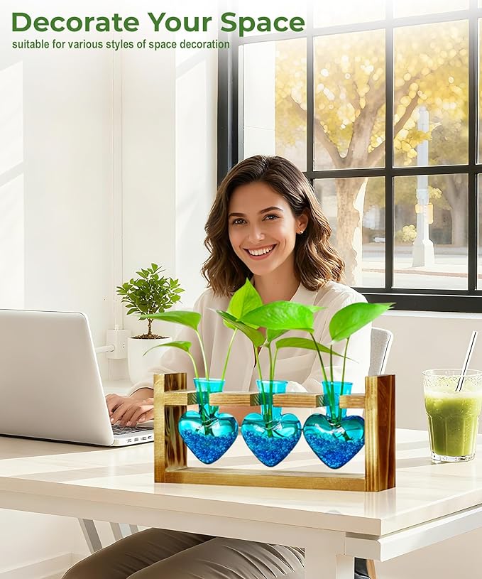 Nacome Plant Terrarium for Office Decor: Birthday Gifts for Plant Lovers Women Mom Wife - Wooden Stand Tabletop Planter 3 Bulb Glass Vase Heart Shaped for Hydroponics Indoor Home
