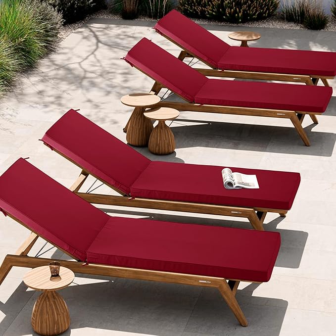 Chaise Lounge Cushion Outdoor, Waterproof and Stain-Resistant Lounge Deck Reclining Chair Cushions for Patio Furniture Lawn Pool Resort Hotel, 72x21x3 Inch, Set of 4, Burgundy