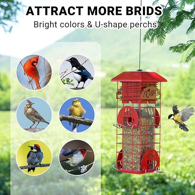 Squirrel Proof Bird Feeders for Outdoors Tube Metal Mesh Hanging Bird Seed Feeder for Outside Pole Weight -Activated & 4 Adajustable Perschs 2.2 lbs Capacity (Red)