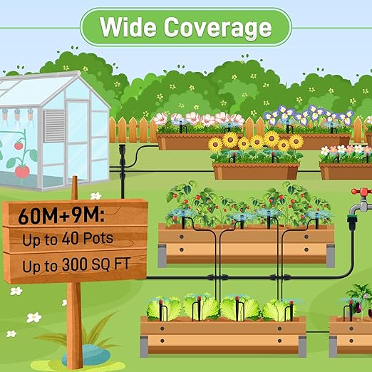 227FT Drip Irrigation System Kit,Misting Sprinkler System with 1/2" 1/4" Tubing Hose Adjustable Emitters Barbed Fittings,Automatic Garden Watering System for Plant Lawns Raised Beds Greenhouse