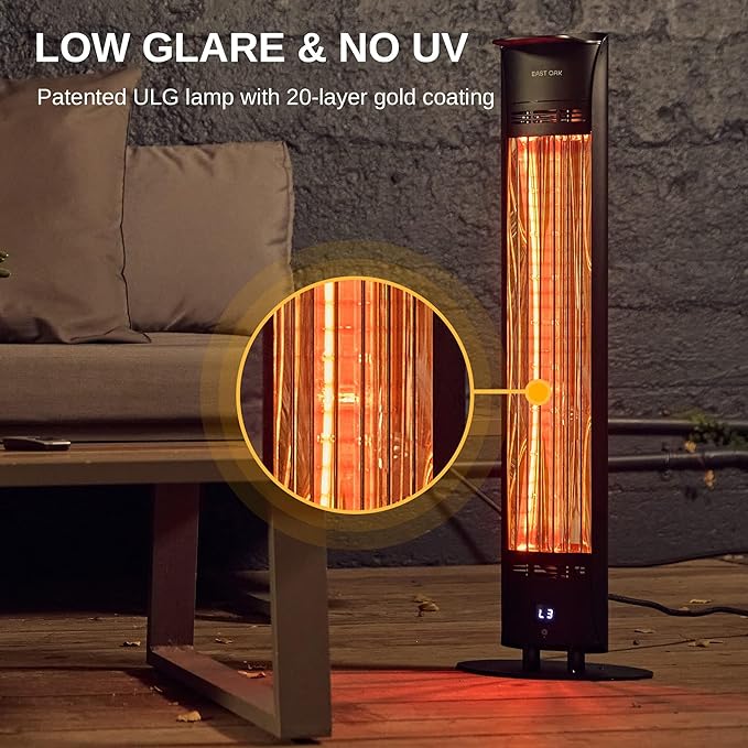 EAST OAK 1500W Infrared Electric Patio Heater, Indoor/Outdoor Tower Space Heater with Remote Control, 24H Timer, Waterproof IP65, Safety Tip-Over & Overheat Protection for Garage, Deck, Backyard