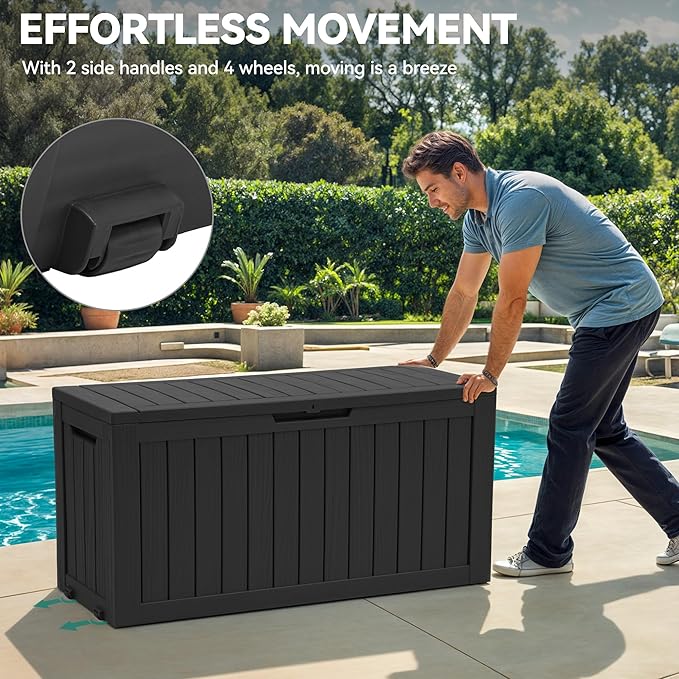 YITAHOME 72 Gallon Outdoor Storage Box w/Wheels, Resin Deck Box Indoor & Outdoor Patio Storage Box for Throw Pillows, Athletic Gear(Black)