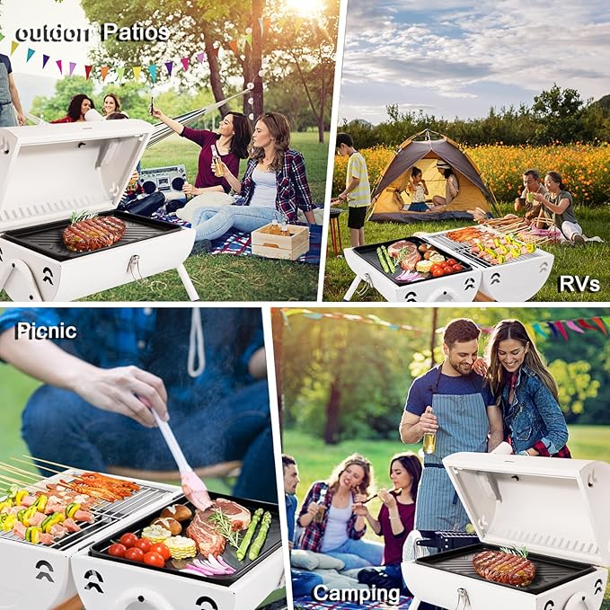 Supernal Tabletop Charcoal BBQ Grill,Portable Charcoal Grill,Small Folding Tabletop Grill for Outdoor Cooking Camping,Picnics,Backyard,Balcony-White,2 Carbon Tank,2 Baking Net,1 Baking Pan