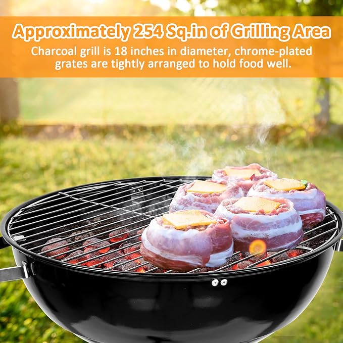 18 inch Kettle Charcoal Grills, Leonyo Portable BBQ Charcoal Grill for Outdoor with Cover & Chimney Starter, Griddle Accessories for Camping, Patio, Backyard Cooking - 254 Sq.in