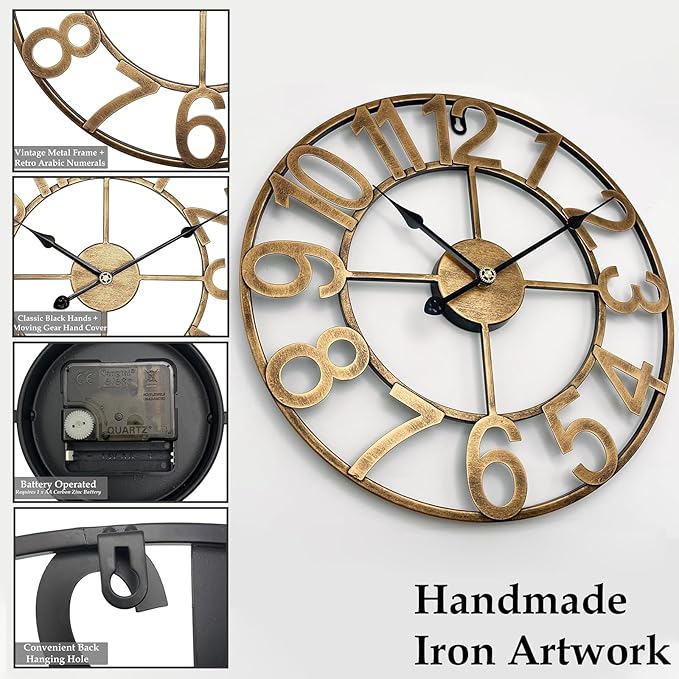 Indoor Outdoor Large Wall Clock Silent Analog Battery Operated, 30 Inch Metal Wall Clock for Patio, Porch, Pool Area, Kitchen, Living Room, Farmhouse Decor - Vintage Gold