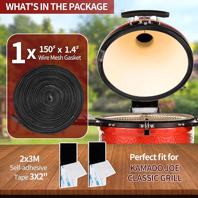 Smoker Gasket Seal for Kamado Joe Classic Grill, 150 Inch High Temp Fiberglass Wire Mesh Gasket Sealer Replacement Parts Self Stick Kit