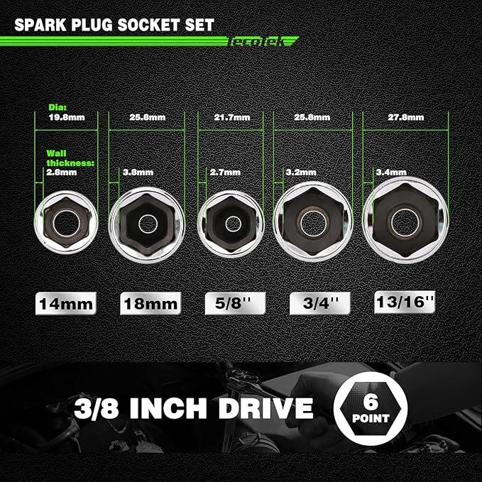 11-Piece Spark Plug Socket Set with 3/8" Drive Ratchet Handle, Spark Plug Gapper, Universal Joint and Extension Bar, 5/8", 3/4", 13/16", 14mm, 18mm, CR-V Sockets with Rubber Retaining Rings