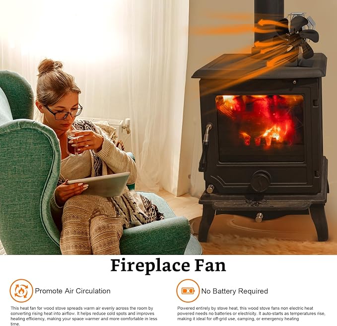 Wood Stove Fan Heat Powered, 6-Blade Thermoelectric Non-Electric Silent Operation Aluminum Fireplace Fan With Bracket Fixed On Propane Heater For Pellet Stoves Camping/Picnics/Indoor/Outdoor Black