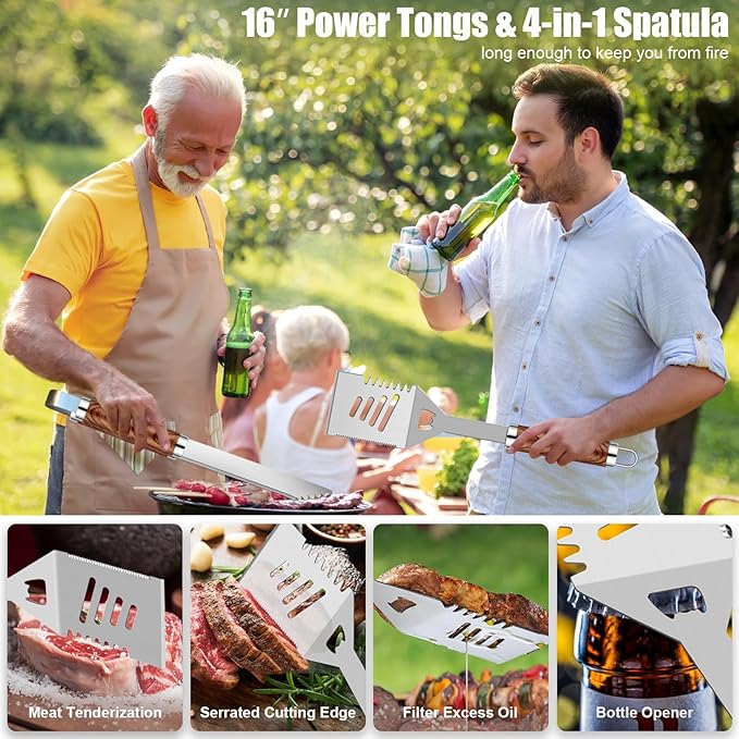 35pcs Deluxe Grilling Gifts Set for Birthday Fathers Day, Stainless Steel BBQ Accessories Kit for Men Dad, Professional Grill Tools Utensils with Scissors, Meat Claws in Aluminum Case Brown