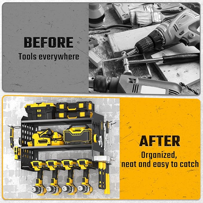 SPACECARE Power Tool Organizer, Drill Holder Wall Mount with 2 Side Pegboards with Hooks, 3 Layer Garage Organization Heavy Duty Tool Organizers Utility Rack for 4 Drill Holders Black