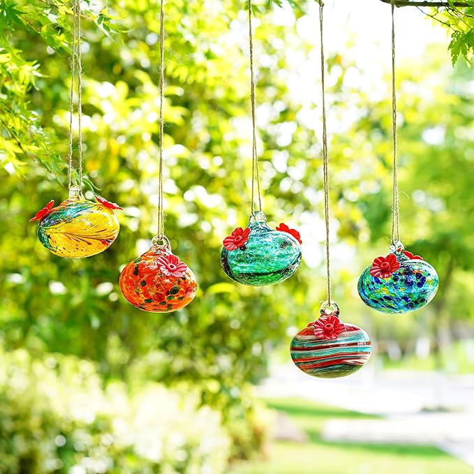 3.3OZ Glass Hummingbird Feeder with 2 Feeding Ports Blown Glass Hummingbird Feeder for Outdoors Hanging Garden Patio Decoration Uniques Gifts for Women