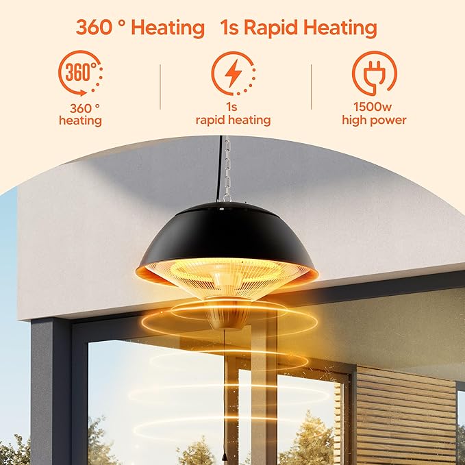 Electric Outdoor Heater, 1500W Outdoor Hanging Heater, Ceiling Mounted Infrared Patio Heater for Outdoor Use, Waterproof Electric Heater for Porch, Balcony, Garage, Adjustable Height, Black