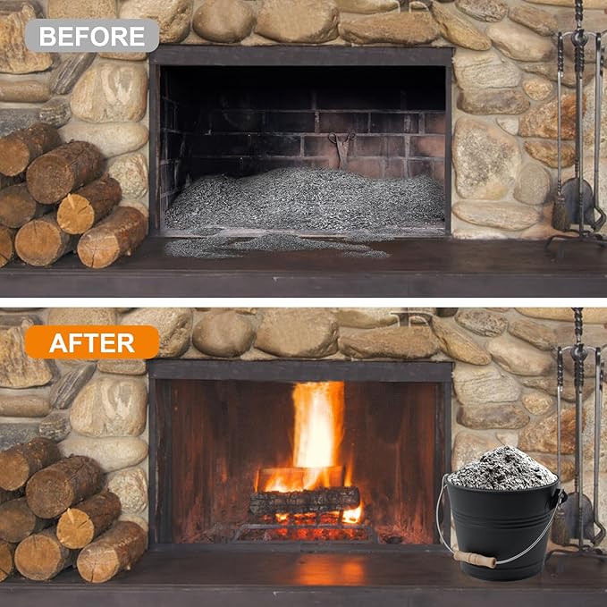 BRIAN & DANY Mini Ash Bucket with Lid and Shovel, 1.3 Gallon Fireplace Bucket with Broom, Ash Can for Fireplace, Ashes, Fire Pit, Wood Burning Stove