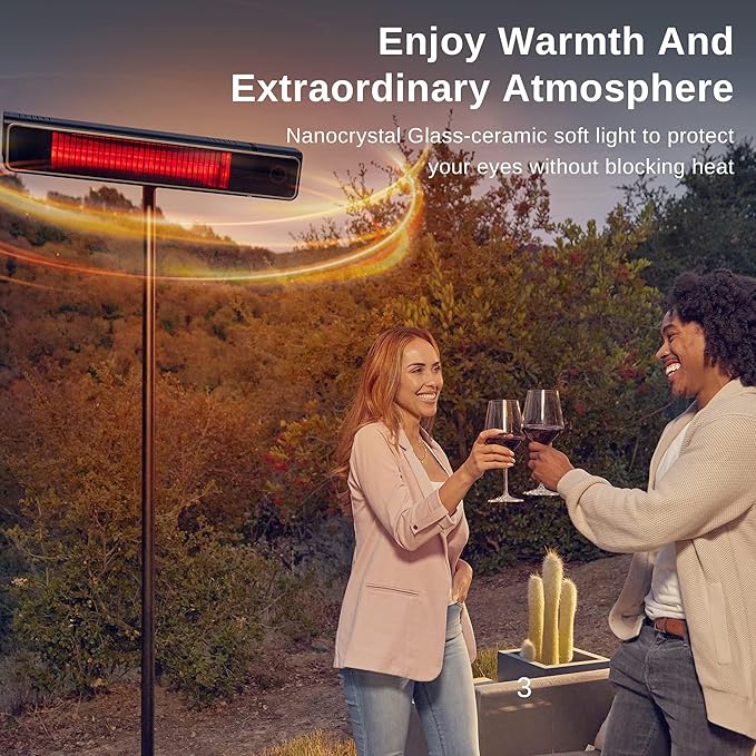 EAST OAK Electric Patio Heater, 1500W Indoor/Outdoor Standing Heater with Nano Glass-Ceramic, Fast Heating, Waterproof, 3 Heat Settings, 24H Timer, Tip-Over & Overheat Protection