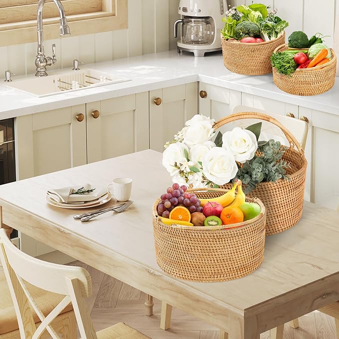 11"×11"×5" Rattan Picnic Basket with Handles, Large Round Gift Basket, Hand-Woven Basket for Fruit, Empty Gift Basket for Festival, Wedding, Camping