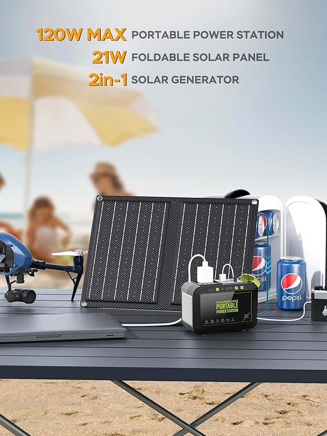MARBERO Camping Solar Generator 88Wh Portable Power Station 120W Peak Generator with Solar Panel Included 21W, AC, DC, USB QC3.0, LED Flashlight for Outdoor Home Camping Fishing Emergency Backup