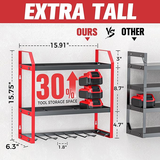 Power Tool Organizer Wall Mount with Extra Drill Holder, Red & Black Garage Storage Combo with Battery Storage, 4 Drill Slots Total, Heavy Duty Steel Tool Rack for Workshop Garage