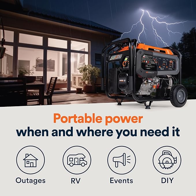 Generac 12,500/9,500-Watt Tri-Fuel Portable Generator - Electric Start - Gas, Propane or Natural Gas - Home Backup, Jobsite, or RV - Quiet Operation - Long Runtime - 50-State Compliant