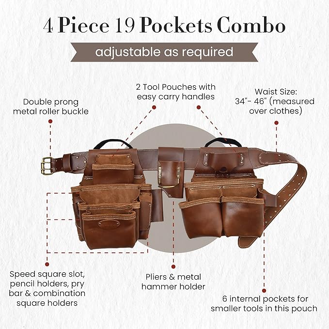 Style n Craft - 4 Piece and 19 Pockets Pro Framer’s Combo, Tool Belt with 2 Tool Pouches and 1 Pliers and Hammer Holder, Full-Grain Leather Carpenter Tool Belt Combo, Dark Tan (98444)
