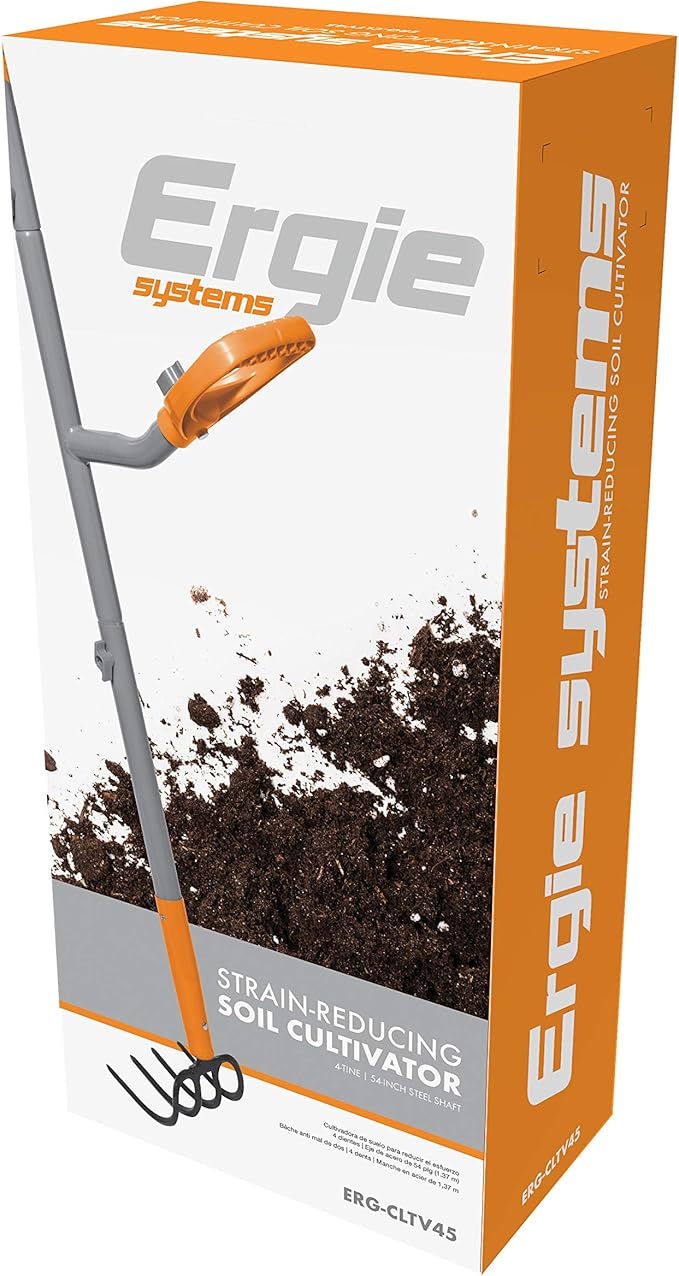 ErgieShovel 54" Ergonomic Steel Garden Cultivator w/ D Grip Handle, 4 Tine Head Lawn Tool for Yard Work, Soil Aeration, & Weeding, Orange - ERG-CLTV45