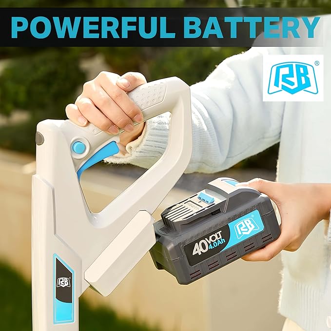 RB 9" Cordless Lawn Mower, 40V 2Ah Battery & Charger, Upright Storage, Brushless Motor 6000RPM, 3 Cutting Heights (1.2"-2"), One-Hand Steering, Detachable Handle, Safe Tilt 20°-70° for Small Yards