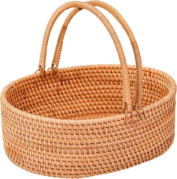 Rattan Picnic Basket with Handles, Oval Wicker Gift Basket for Wedding, Camping(12.6"×9"×3.5")