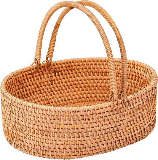 Rattan Picnic Basket with Handles, Oval Wicker Gift Basket for Wedding, Camping(12.6"×9"×3.5")