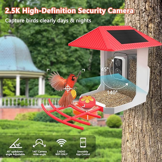 2.5K Smart Bird Feeder with Camera, 5GHz &2.4GHz Birds Watching Camera with AI Identify Bird Species, Outdoor Birds Feeder House with Solar Panel for BirdLovers (Red)