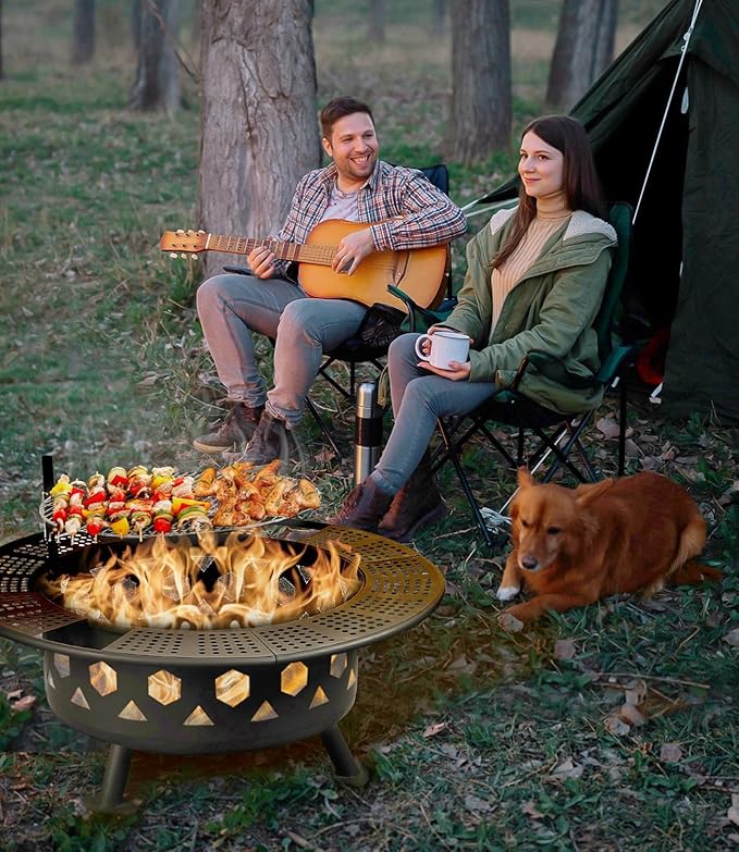 Bettermade 32 Inch Outdoor Fire Pit, 2-in-One Large Camping Fire Pits for Outside with Cooking Grill and Fire Poker, Wood Burning Firepit for BBQ,Warm up, Patio, Bonfire, Camping, Picnic.