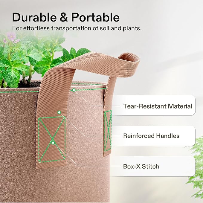 VIVOSUN 5-Pack 2 Gallons Grow Bags Heavy Duty Thickened Nonwoven Fabric Pots with Strap Handles Tan
