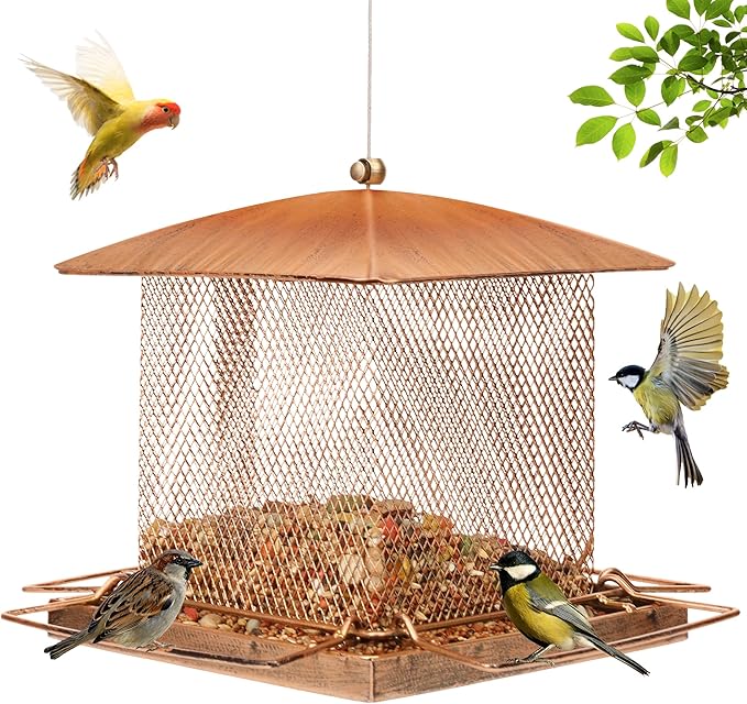 Bird Feeder, Heavy Duty Metal Bird Feeders for Outdoors Hanging, 3.5LB Large Capacity Squirrel Proof BirdFeeders with Rainproof Roof, for Garden Yard Outside Backyard