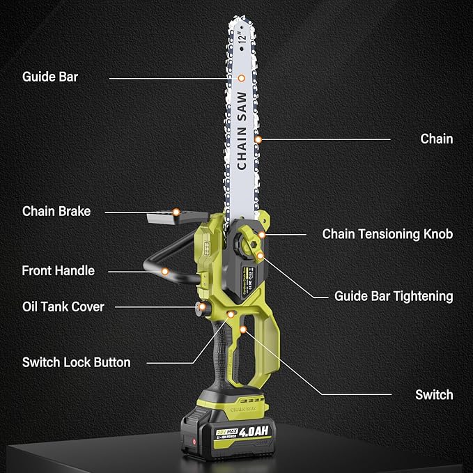 SEYVUM Brushless 12 Inch Chainsaw Cordless, 20V Battery Chainsaw with 2 x 4.0Ah Batteries, 2 x Chains, Electric Chainsaws with Tool-free Chain Tension, Auto Oiling for Wood Cutting Trimming Branch