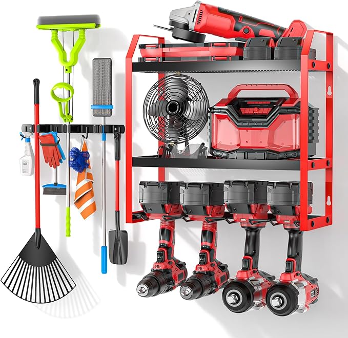 Power Tool Organizer Wall Mount with Broom Holder Combo, Red & Black 3-Tier Garage Storage Rack with Battery Storage, 4 Drill Holder Slots, Heavy Duty Steel 150LB Capacity