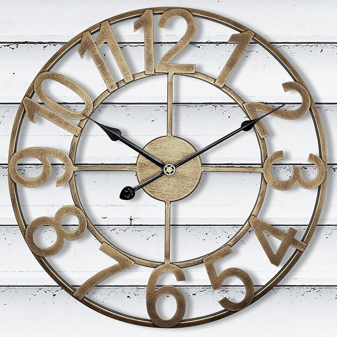 Indoor Outdoor Large Wall Clock Silent Analog Battery Operated, 30 Inch Metal Wall Clock for Patio, Porch, Pool Area, Kitchen, Living Room, Farmhouse Decor - Vintage Gold
