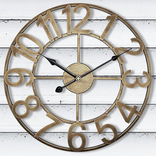 Indoor Outdoor Large Wall Clock Silent Analog Battery Operated, 30 Inch Metal Wall Clock for Patio, Porch, Pool Area, Kitchen, Living Room, Farmhouse Decor - Vintage Gold