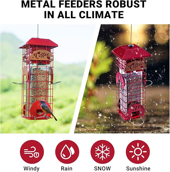 Squirrel Proof Bird Feeders for Outdoors Tube Metal Mesh Hanging Bird Seed Feeder for Outside Pole Weight -Activated & 4 Adajustable Perschs 2.2 lbs Capacity (Red)