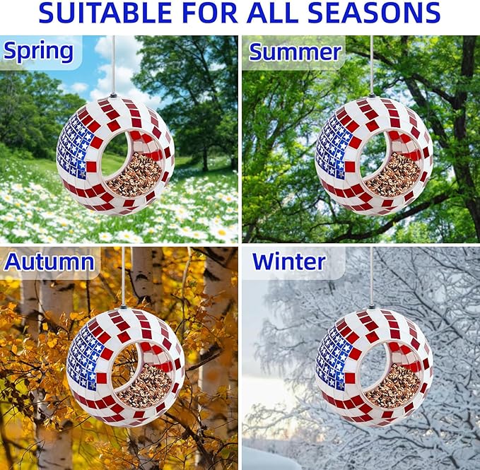 VOREEN Mosaic Bird Feeder, American Flag Design, 6.25" Round Glass Fly-Through Birds Feeder for Outdoor Hanging, Garden, Yard, Backyard, Gift for Mom Wife Friend, 4th of July Decor