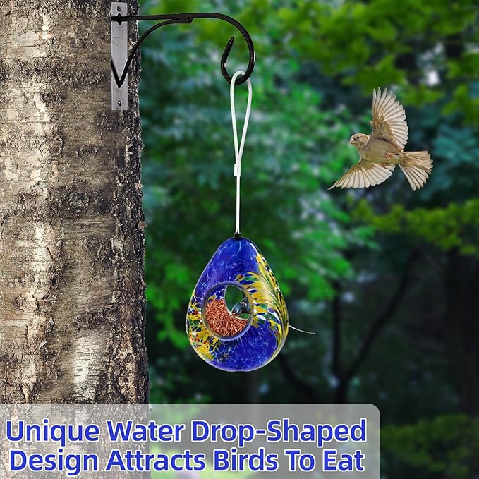 VOREEN Glass Bird Feeder, Fly Through Bird Feeders for Outdoor Hanging, Glass Wild Bird Feeder, for Garden, Yard, Backyard, Deck and Porch Decor, Gift for Mom Wife Friend, Blue Teardrop