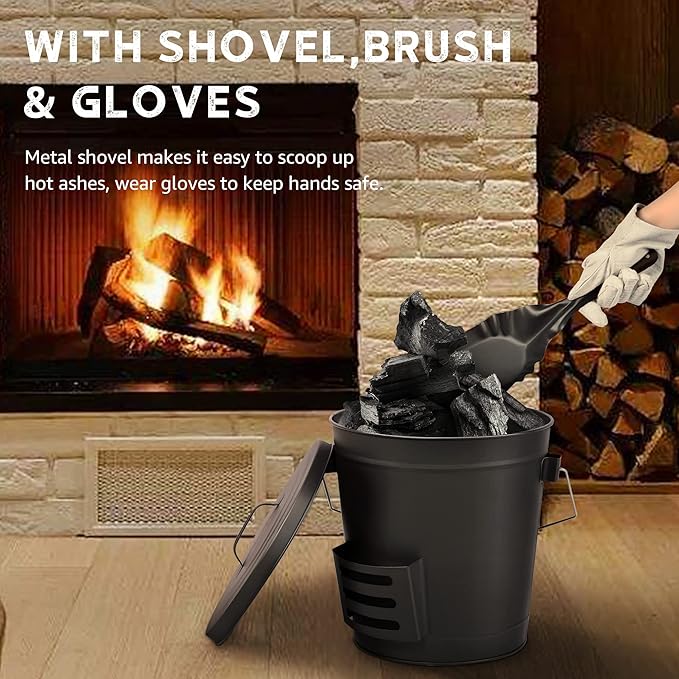 NATURAL EXPRESSIONS Fireplace Ash Bucket with Lid, 5.3 Gallon Coal Bucket with Shovel,Hand Broom and Gloves, Metal Buckets Pail Ash Can for Pellet Charcoal Wood Fire Pits