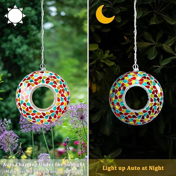Yinns 9.5Inch Solar Mosaic Bird Feeder for Outside Hanging, Glass Birdfeeder with Round Shape Container, Bird Feeders Garden Decor