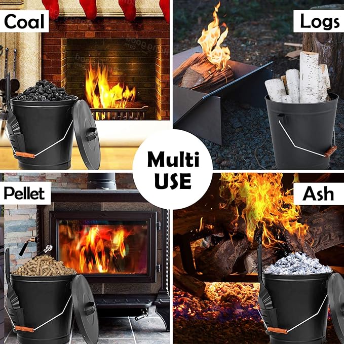 Hisencn Ash Bucket with Lid and Shovel, 5.15 Gallon Large Galvanized Metal Coal and Hot Ash Pail for Fireplace, Hearth, Charcoal Wood Fire Pits Burning Stoves Indoor and Outdoor