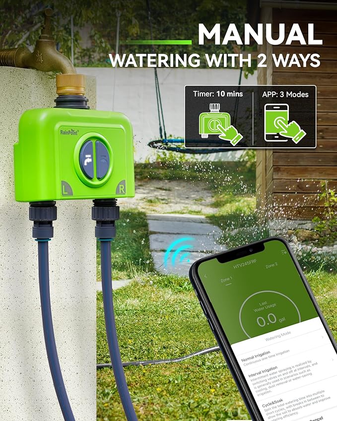 RAINPOINT WiFi Water Timer for Garden Hose, Brass Inlet 2 Zone WiFi Sprinkler Controller, Smart Hose Timer Valve with Antenna Gateway, Automatic Drip Irrigation System/Rain Delay for Garden/Lawn/Yard