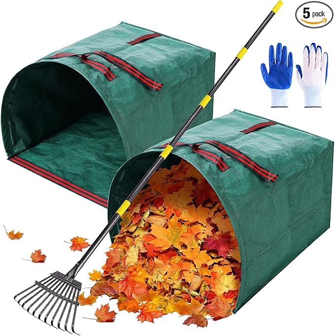 2 Pack Reusable Yard Waste Bags - 40 Gallon Dustpan Type Lawn And Leaf Bags, Heavy Duty Garden Bags With Adjustable Metal Leaf Rake,Gardening Gloves,Garden Waste Bag With Handles,Camping Recycling Bag