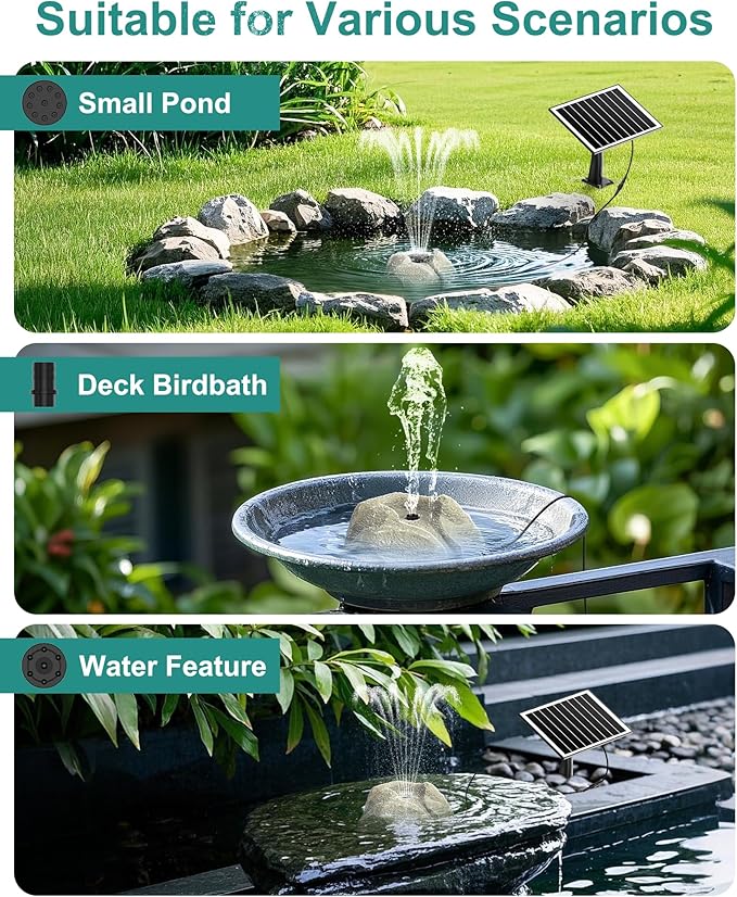 Solar Fountain for Bird Bath with Dry Run Protection Solar Powered Bird Bath Pump with 10 Nozzles,Resin Granite Rock Bird Fountain for Outdoor Water Features,Ponds,Can Cloudy Day Use๏ผWhite๏ผ