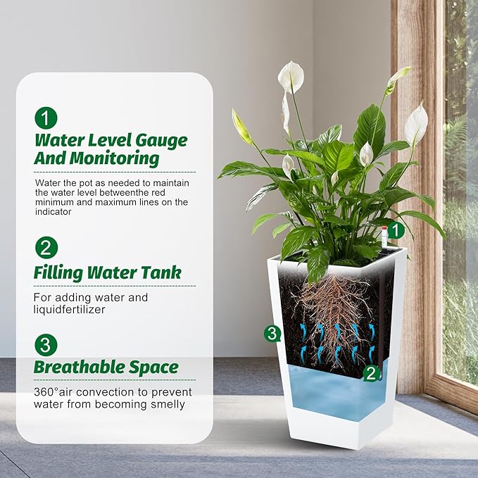 GarveeLife 16 in Tall Planters Set of 2, Outdoor&Indoor Black Planter Pots, High Front Porch Planter Pots with Drainage Holes&Water Level Monitor&Inner Bucket, Automatic Watering,White